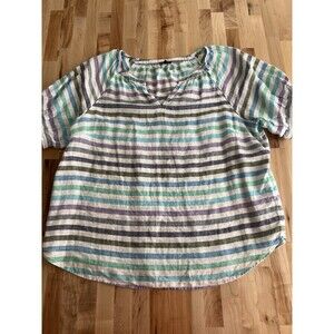 Talbots Puff Sleeve Split Neck Blouse 100% Linen Purple Blue Stripe XL